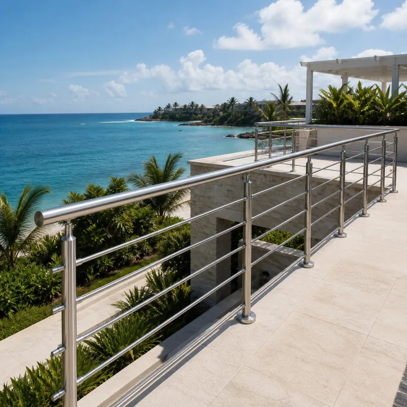 Coastal outdoor stainless steel rod railing application rendering