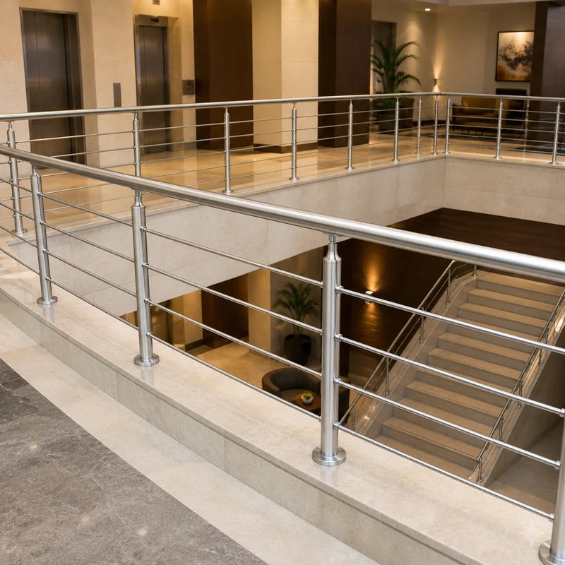 Commercial building stainless steel rod railing application rendering