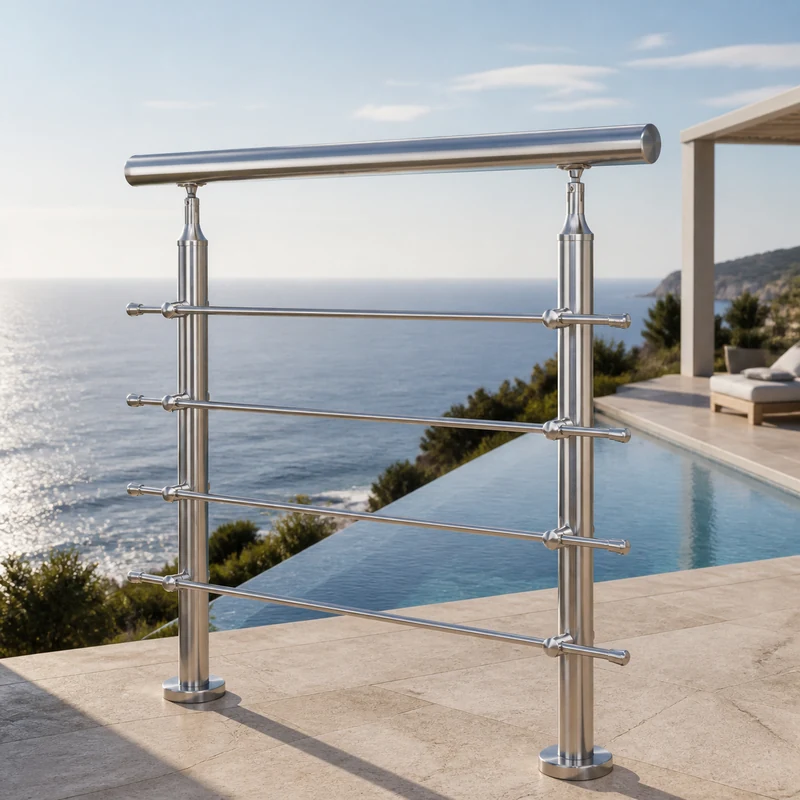 Stainless steel rod railing concept on a coastal terrace