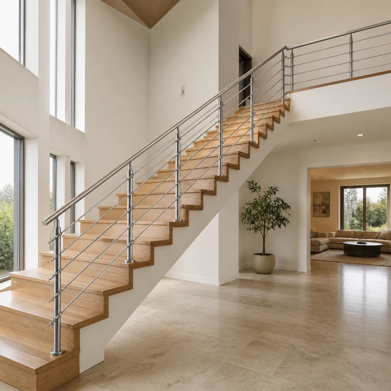 Luxury residential stainless steel rod railing application rendering